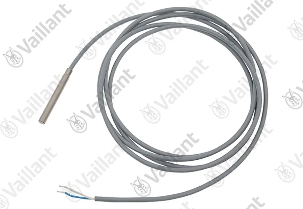 Temperatursensor mit metalisiertem Gehäuse und grauem Kabel, ausgestattet mit zwei isolierten Drähten, produziert von Vaillant.